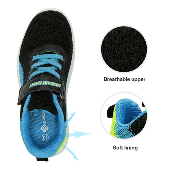[EZ-Ons MagicZips] Boys Girls Tennis Running Shoes - BLACK BLUE NEON GREEN - 3